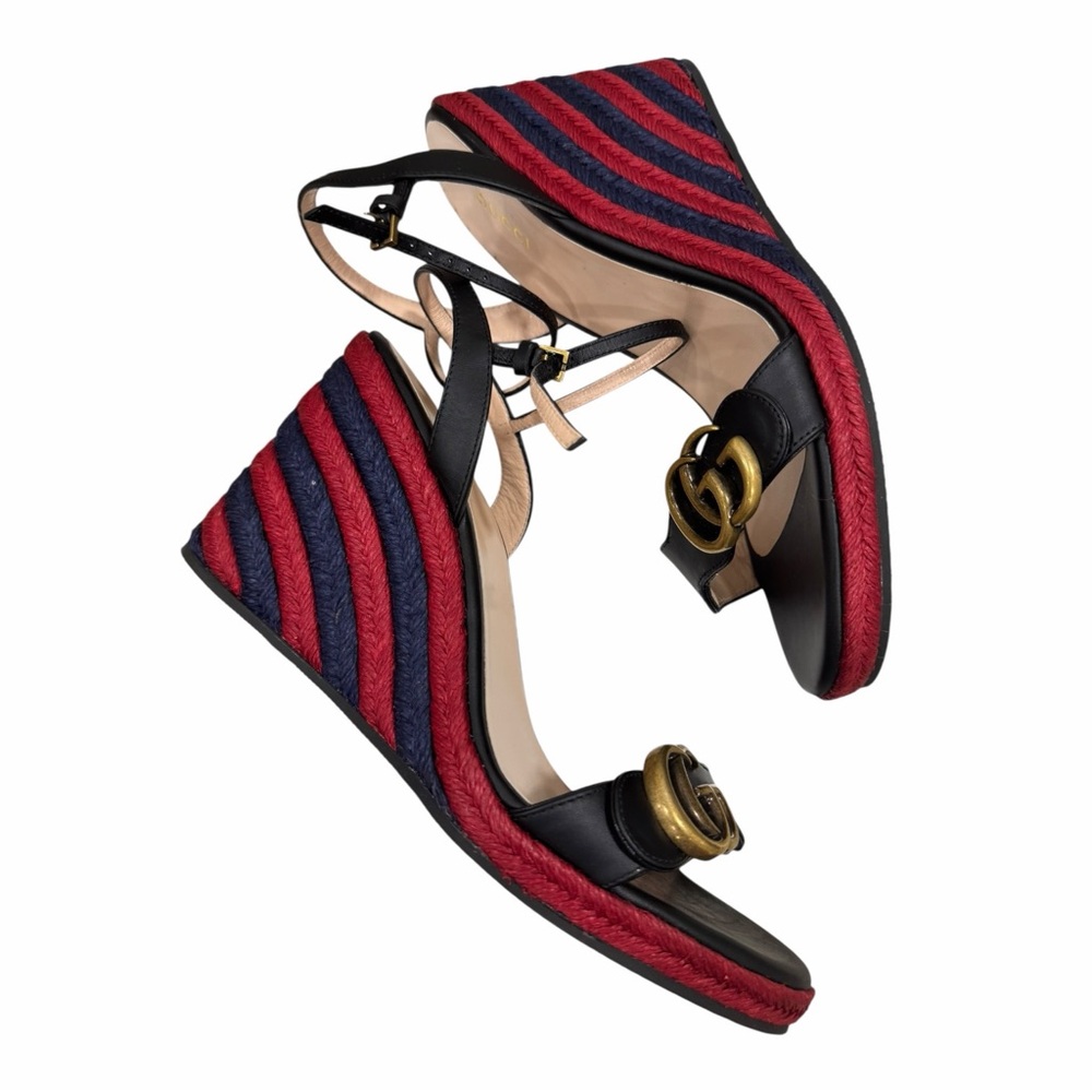 Gucci Lifford Espadrille Platform Sandals GG Marmont Black Red Blue Size 39 - Picture 10 of 10